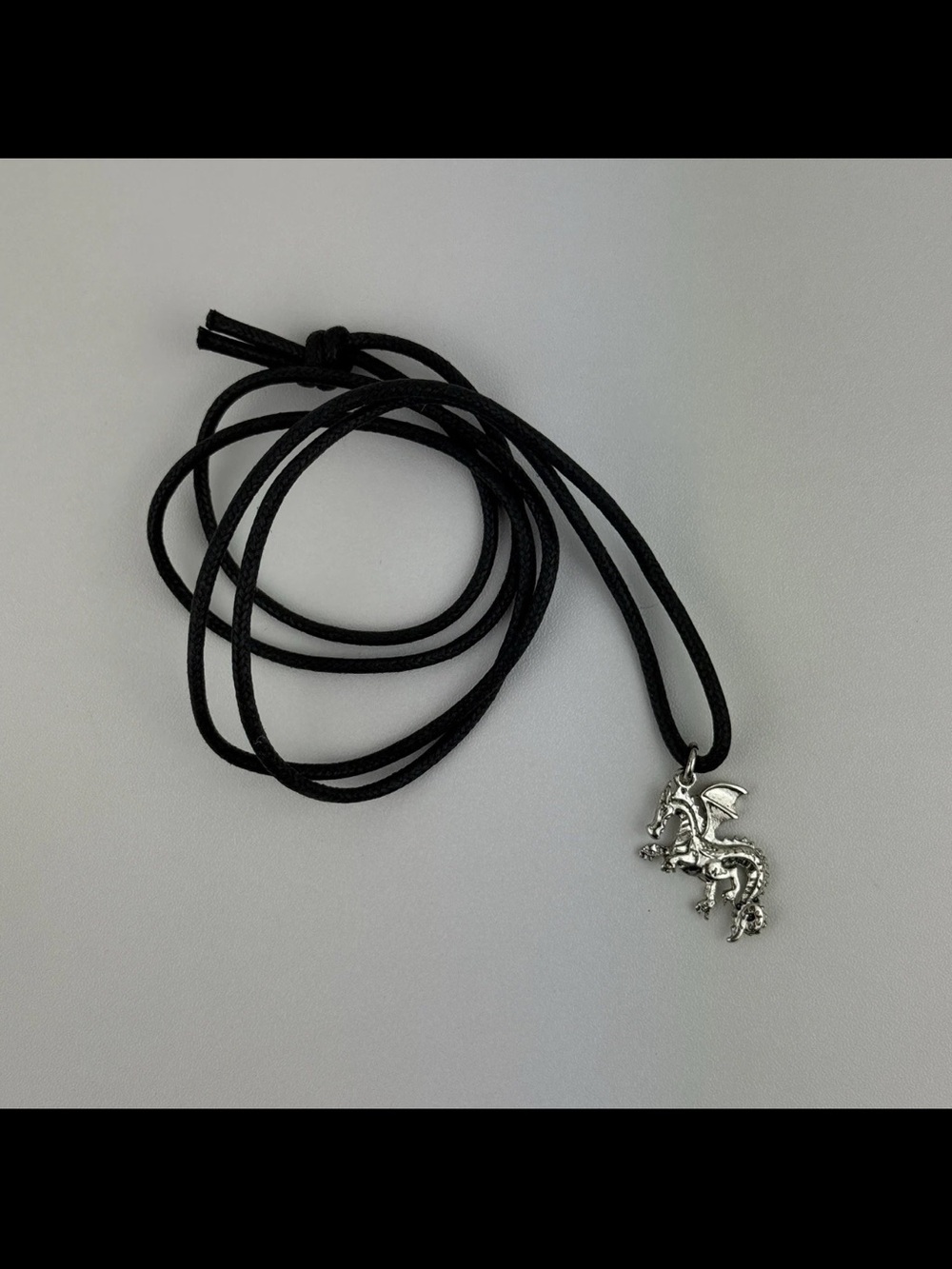 Silver Dragon Charm Pendant Necklace Black Cord Medieval Gothic Viking Ren Faire